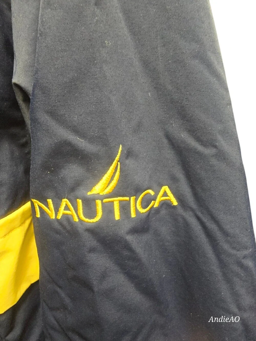 Nautica Men's Blue Jacket Nylon w/ Yellow Stripe REVERSIBLE Grey Fleece Sz. L